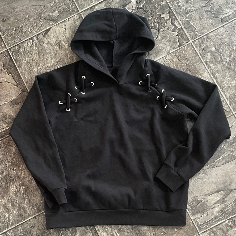 Women’s Black Hoodie with Laces Detail Grunge Whimsigoth Streetwear